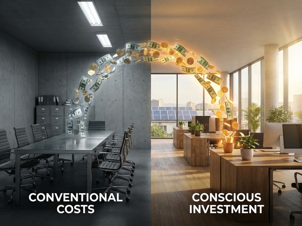 Split-screen comparison of traditional gray corporate boardroom versus warm sustainable office with plants and solar panels, connected by flowing money.