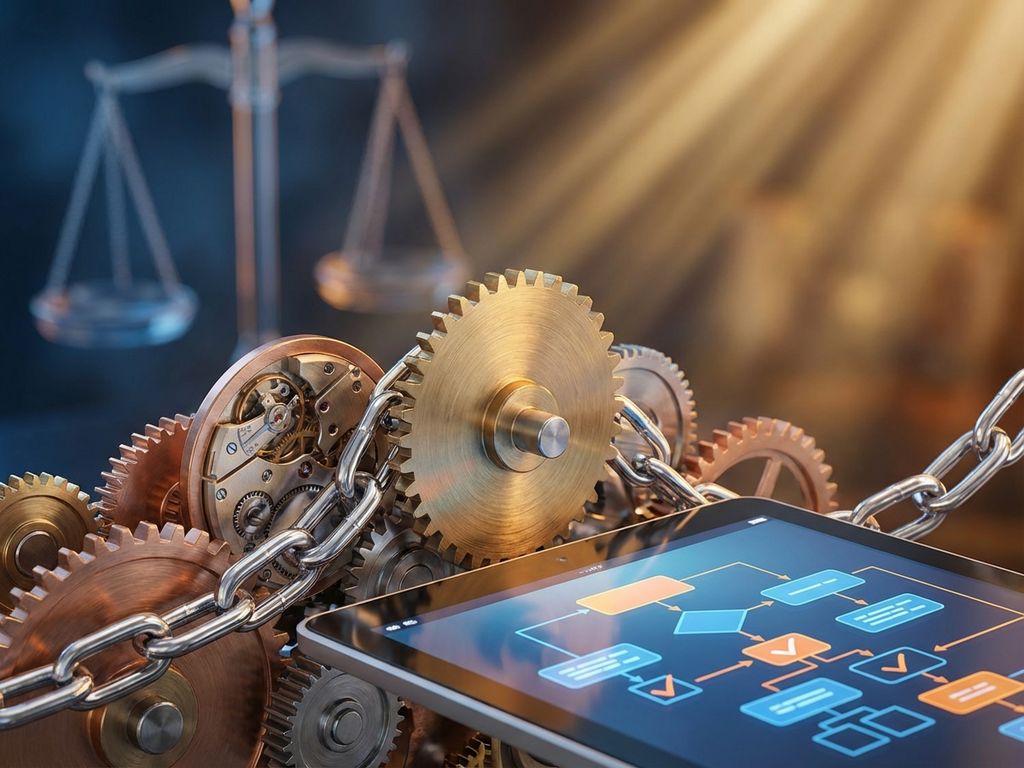 Digital tablet displaying process flowcharts surrounded by metallic gears, clockwork mechanisms, and scales of justice with golden lighting.