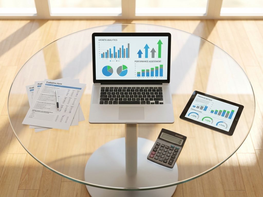 Modern conference table with laptop displaying analytics dashboards, tablet showing metrics, evaluation forms, and calculator