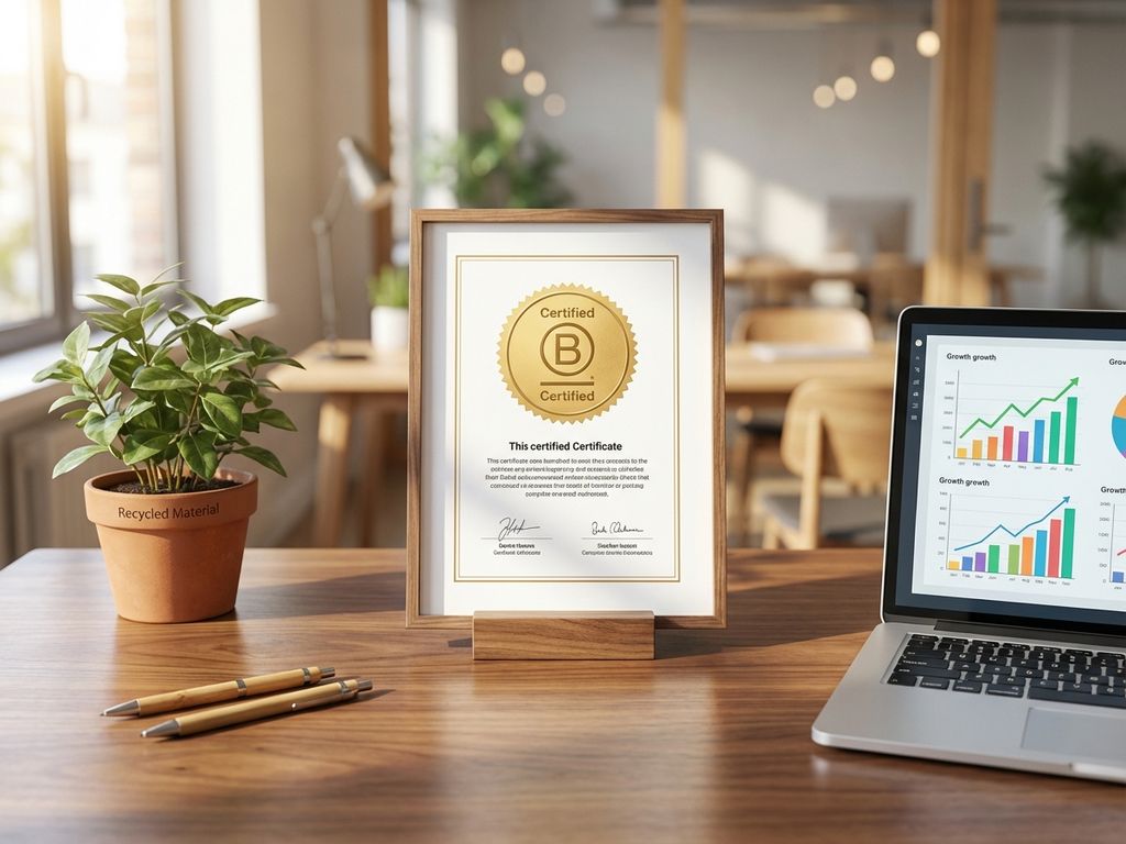 B Corp certification with gold seal on wooden desk surrounded by sustainable business items including green plant and bamboo pens