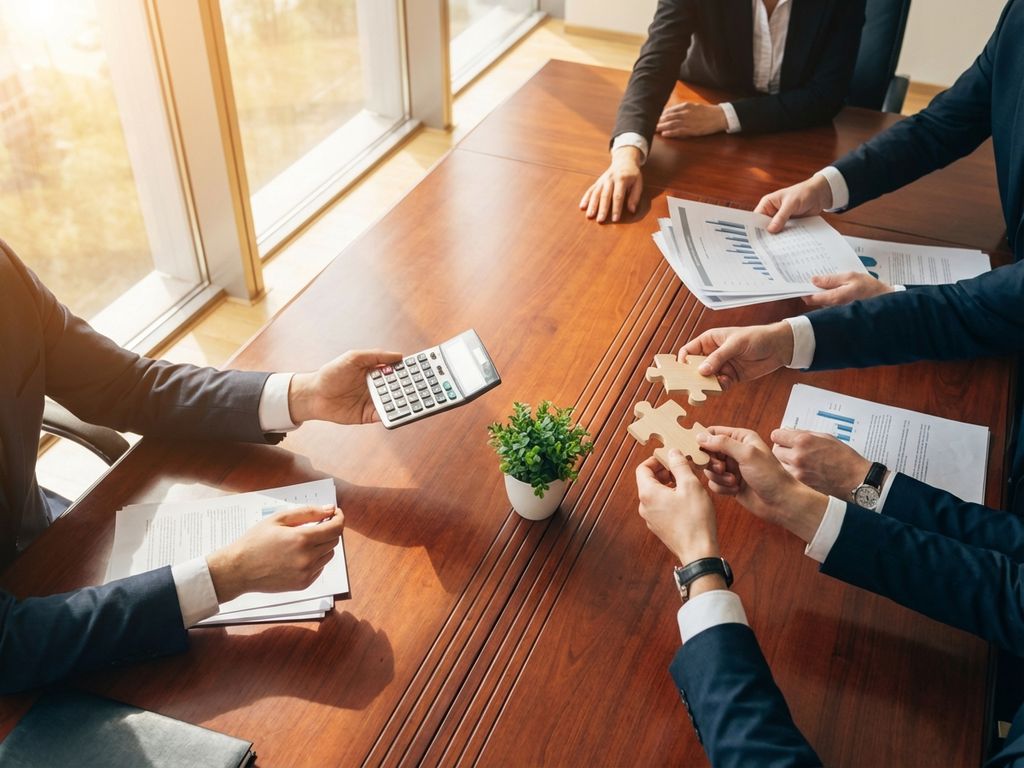 Business professionals' hands reaching toward center of mahogany conference table holding calculator, documents, plant, and puzzle pieces