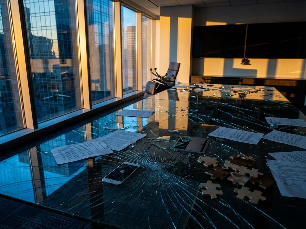 Shattered glass conference table with broken communication symbols including torn contracts, cracked smartphone, and puzzle pieces in modern boardroom