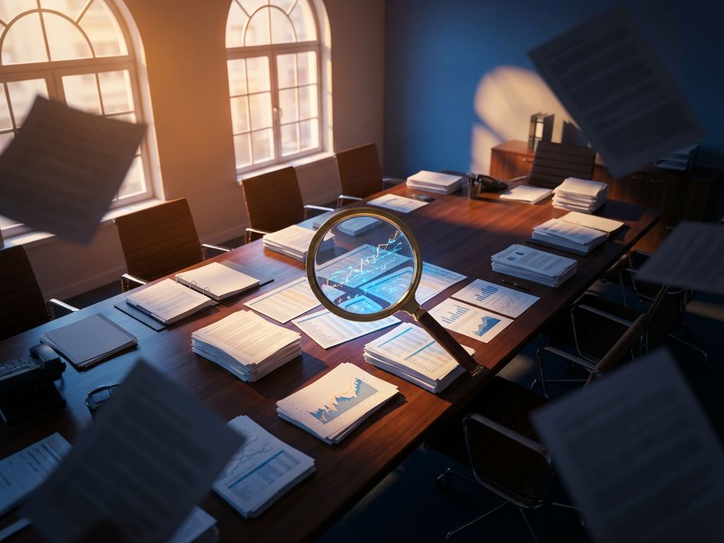 Magnifying glass over financial spreadsheets on wooden conference table with business reports and charts scattered around