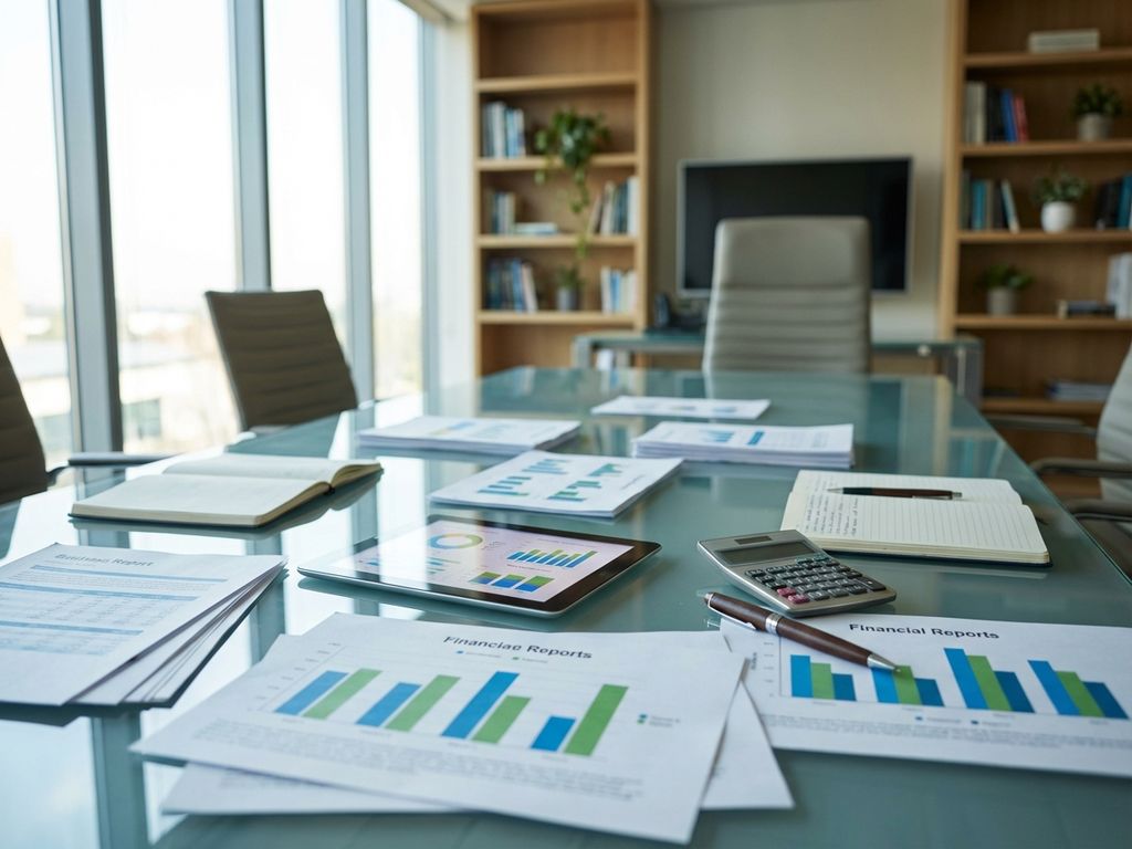 Business documents and charts spread on glass conference table with digital tablet showing data graphs in modern office
