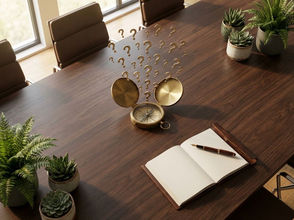 Wooden boardroom table with brass question marks floating above compass, open notebook with pen, and green plants in natural lighting.