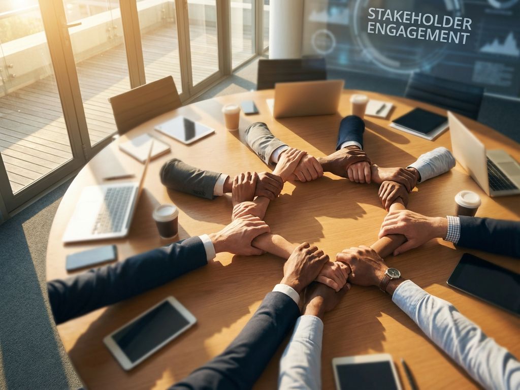Diverse hands joining together in handshakes around conference table with golden sunlight streaming through windows.