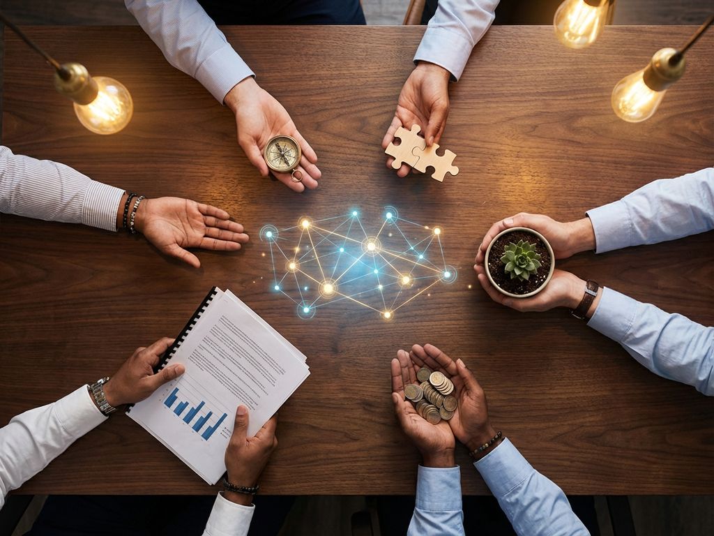 Hands reaching toward glowing holographic network projection on conference table, holding compass, puzzle pieces, plant, coins, and documents in collaborative business meeting.