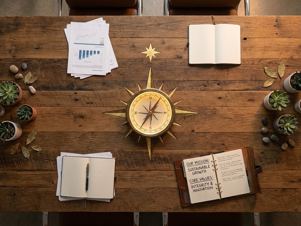 Glowing compass pointing to golden north star on wooden conference table surrounded by business documents and journal with purpose statements