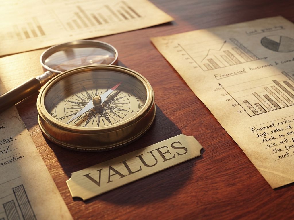 Compass with needle pointing to "VALUES" on mahogany boardroom table surrounded by business documents and charts