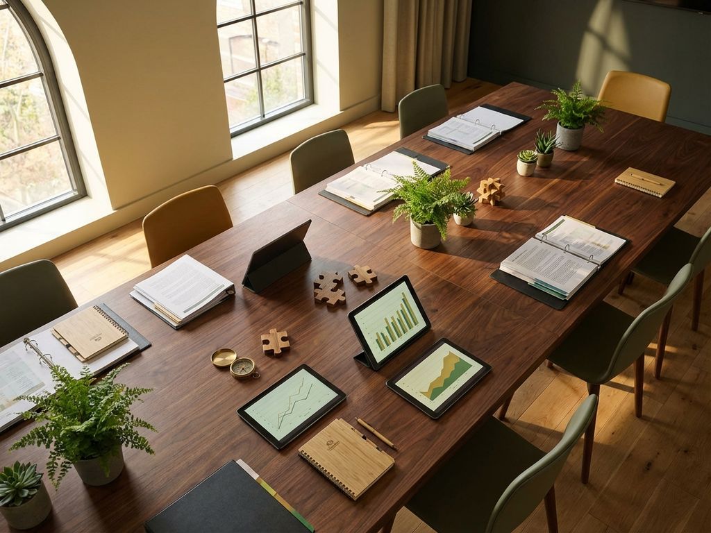 Aerial view of wooden conference table with business documents, tablets showing growth charts, and plants in natural lighting.