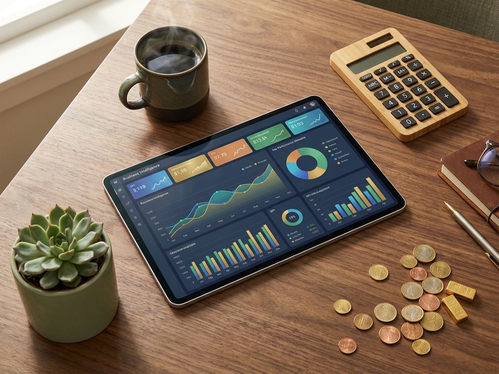 Business dashboard with colorful charts and KPIs on tablet surrounded by coffee cup, calculator, plant, and coins on wooden desk