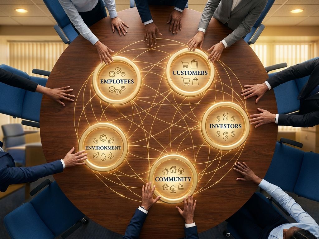 Business stakeholder ecosystem diagram with diverse hands reaching toward golden circles containing employee, customer, investor, community and environmental symbols on wooden conference table