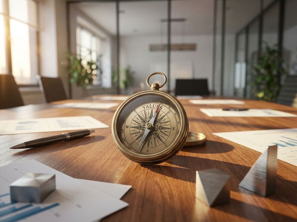 Compass pointing to VALUES on wooden boardroom table with business documents and pen in modern office setting