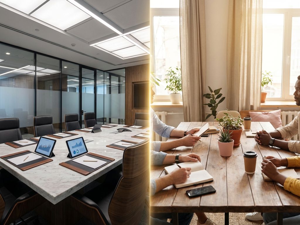 Split-screen showing formal corporate boardroom with marble surfaces on left, diverse team collaborating at wooden table on right.