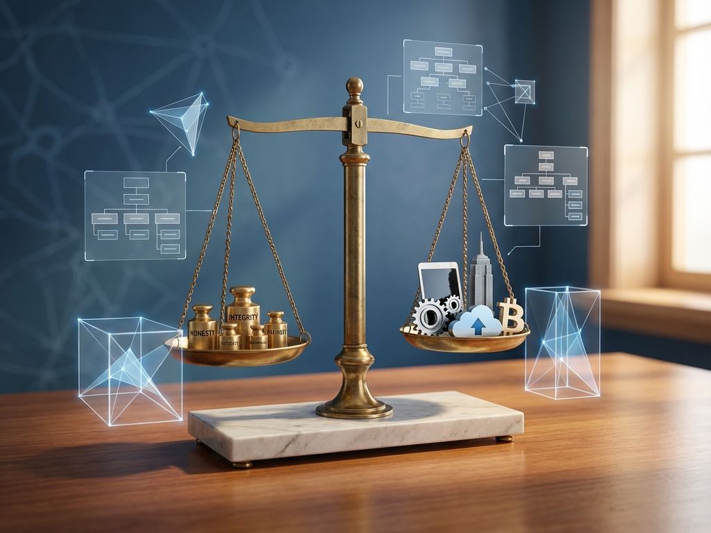 Balance scale with golden ethical weights and business elements, surrounded by organizational charts and governance frameworks in professional blue and gold colors.
