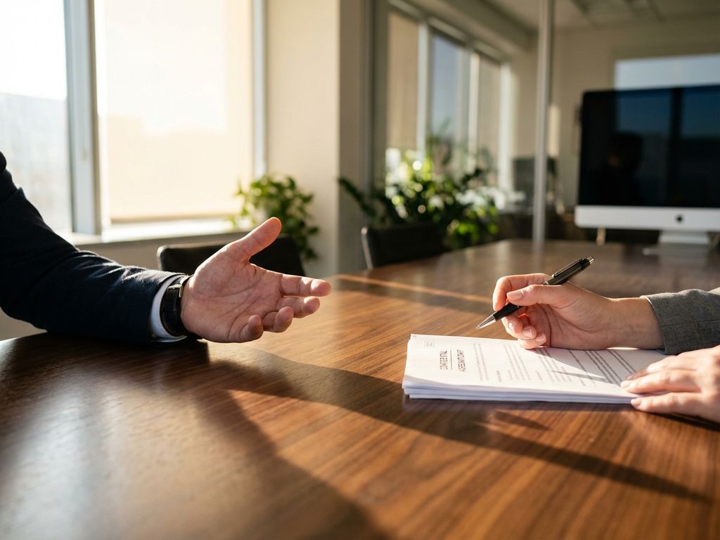 Two professional hands reaching across wooden conference table during business meeting, one gesturing openly while other holds pen over documents.