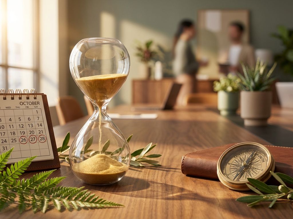Golden hourglass with flowing sand on wooden boardroom table surrounded by business calendar, compass, and green plants in modern office