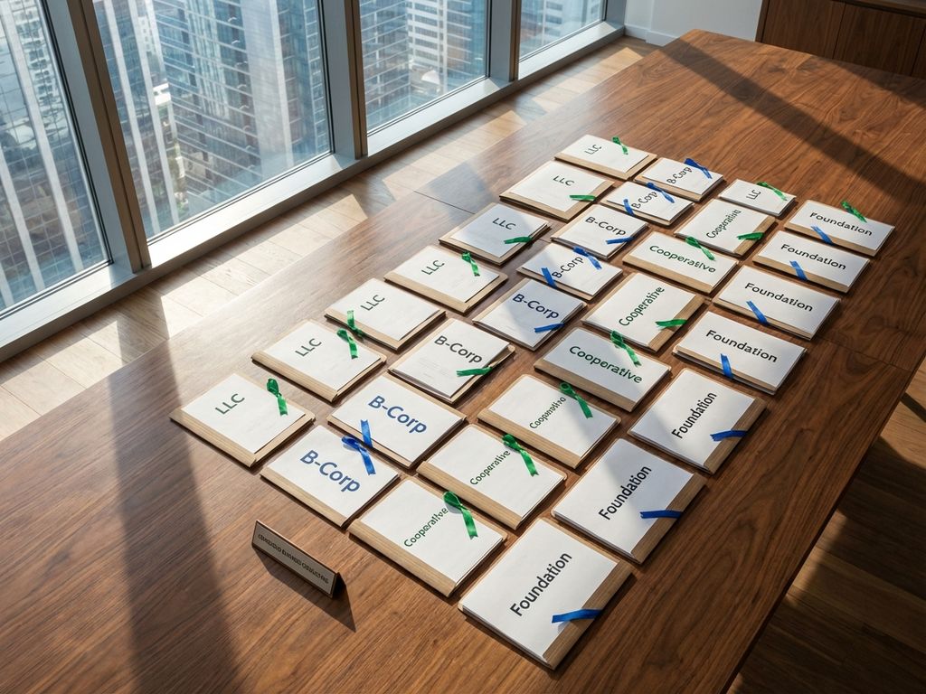 Aerial view of wooden conference table with organized legal document folders for LLC, B-Corp, cooperative business structures
