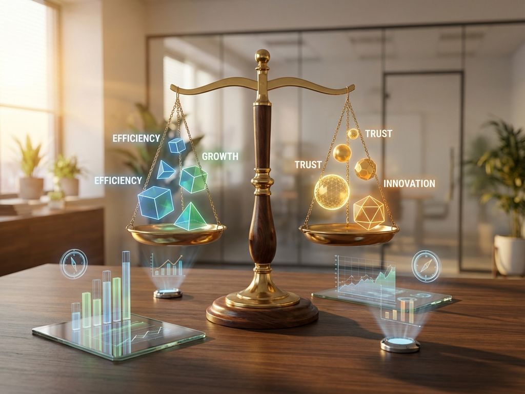 Professional measuring scale on wooden desk with glowing business metrics and holographic data charts in modern office