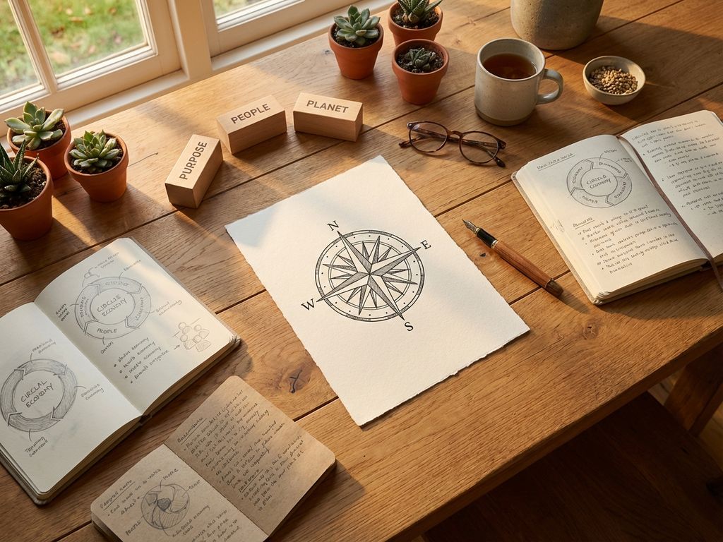 Overhead view of wooden desk with hand-drawn compass rose on white paper, surrounded by notebooks, succulents, and planning tools in natural sunlight.