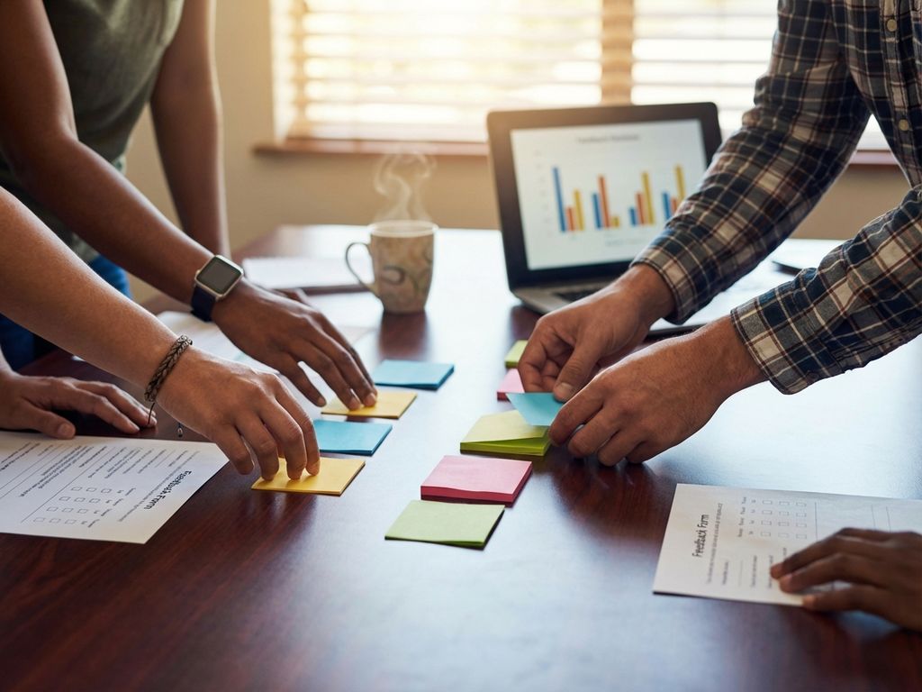 Business owner organizing colorful sticky notes and feedback forms on wooden conference table with laptop and coffee