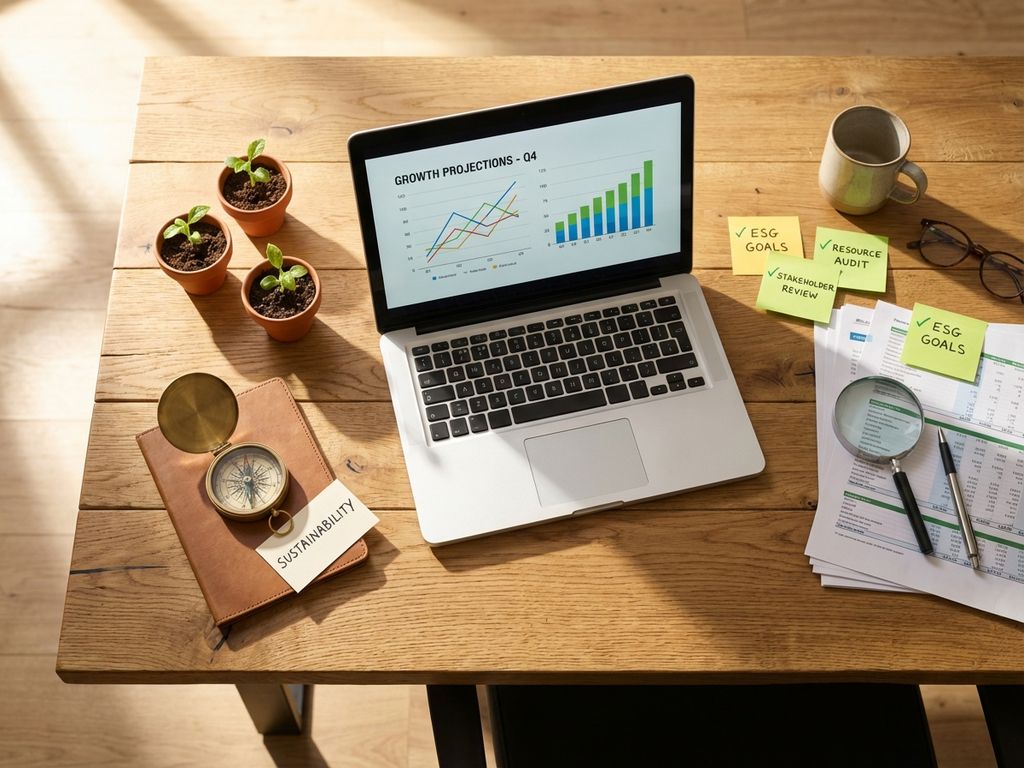 Modern wooden desk with laptop showing growth charts, compass pointing to sustainability, plant seedlings, and planning documents