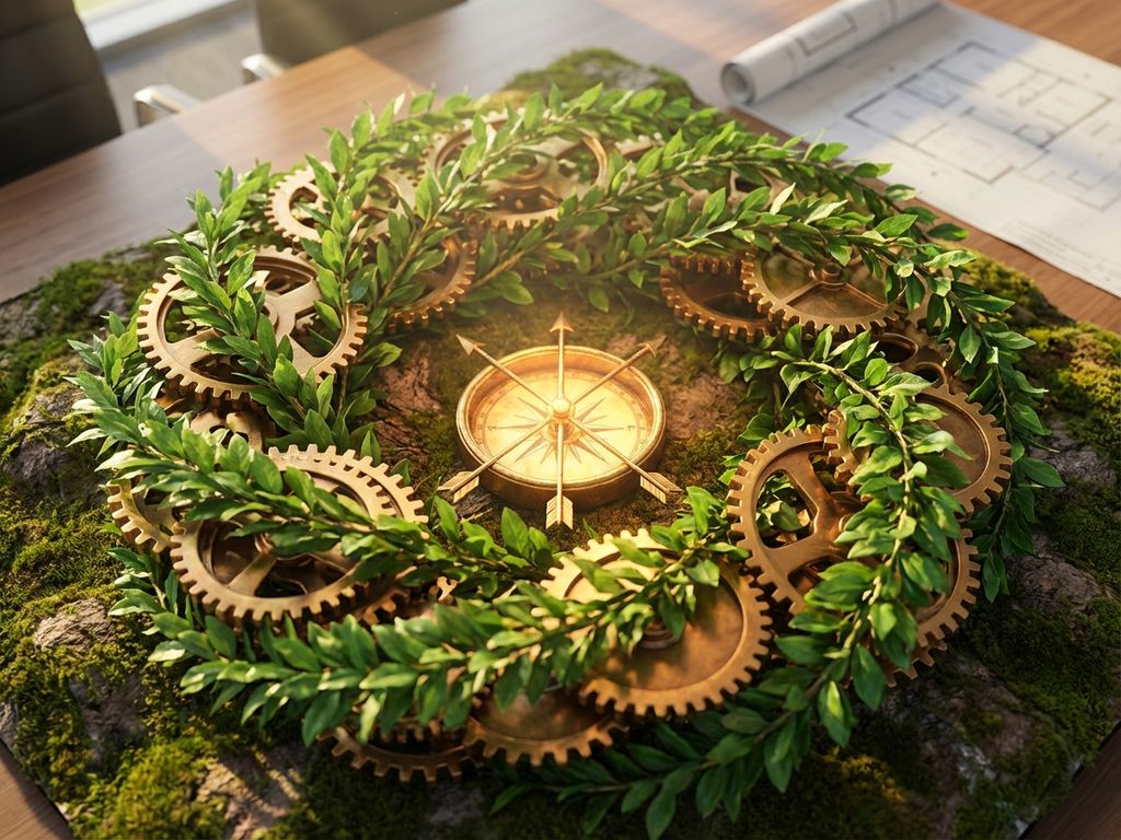 Aerial view of golden gears and green leaves in circular formation with glowing compass center symbolizing business sustainability.