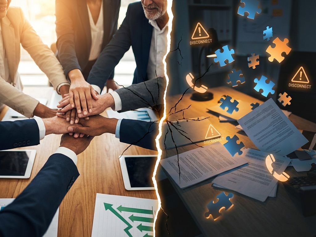 Split-screen showing successful teamwork with joined hands and growth charts versus disconnected workspace with scattered papers and warning signs.