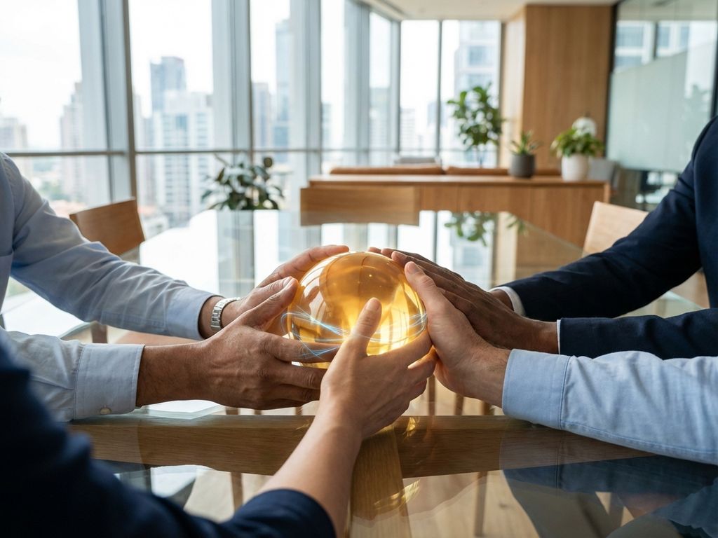 Diverse hands collaborating around glowing sphere in modern conference room, symbolizing business transformation and unity.