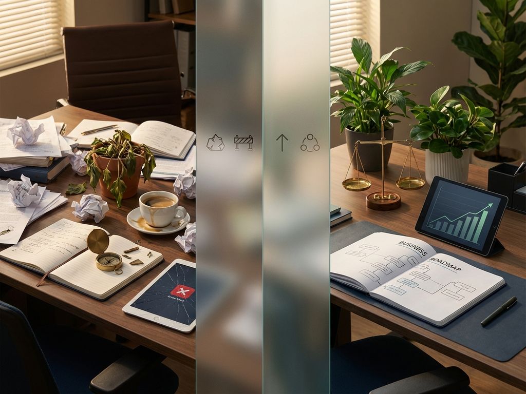 Split-screen business workspace comparison: cluttered desk with scattered papers on left, organized office with roadmap and plants on right