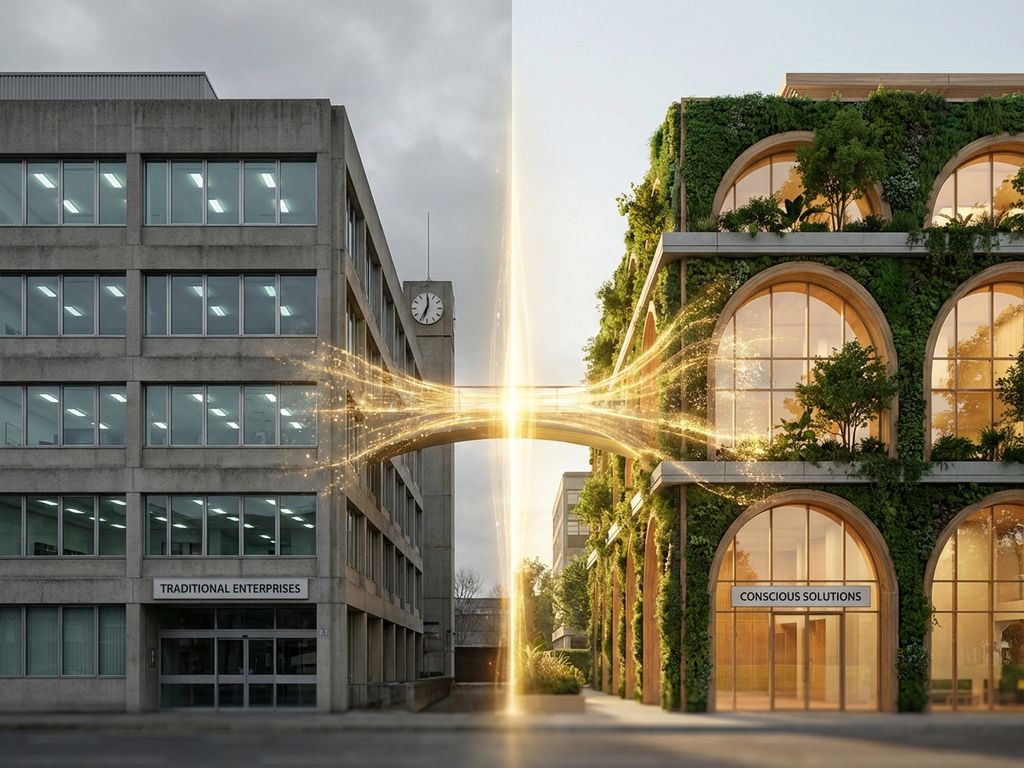 Split-screen showing corporate building transformation from gray traditional office to green sustainable design with golden light bridge connecting both sides.
