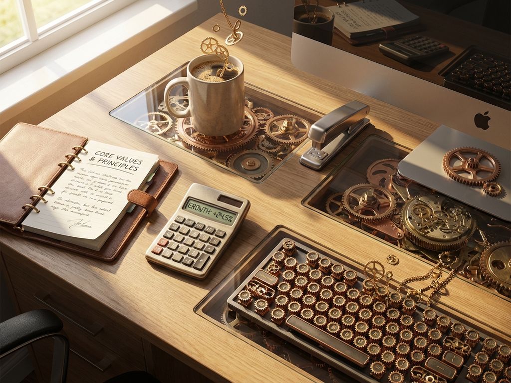 Modern office desk with golden gears integrated into business items, open values document, and calculator showing growth metrics
