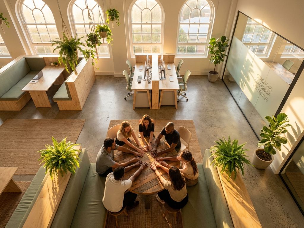 Diverse team members joining hands over wooden table in modern sustainable office with plants and natural sunlight