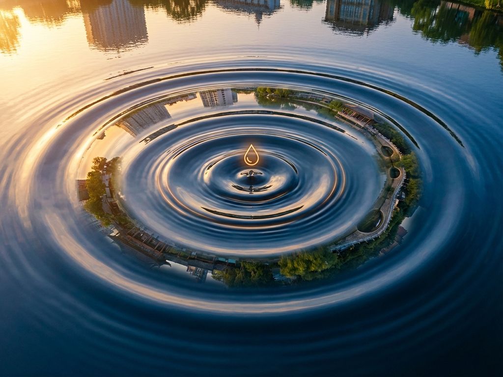 Aerial view of expanding water ripples with golden sunlight reflecting community buildings and trees, symbolizing social impact.