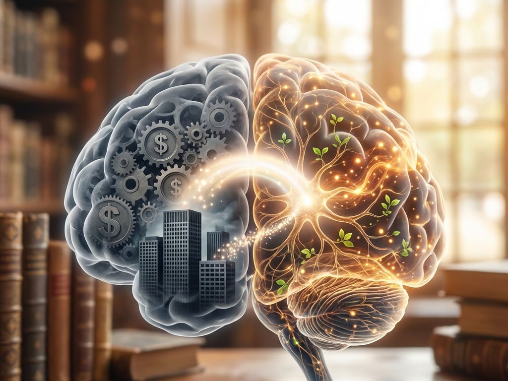 Split-brain diagram contrasting traditional business mindset with gears and corporate symbols against conscious entrepreneurship with golden neural networks and organic growth patterns connected by luminous bridge.