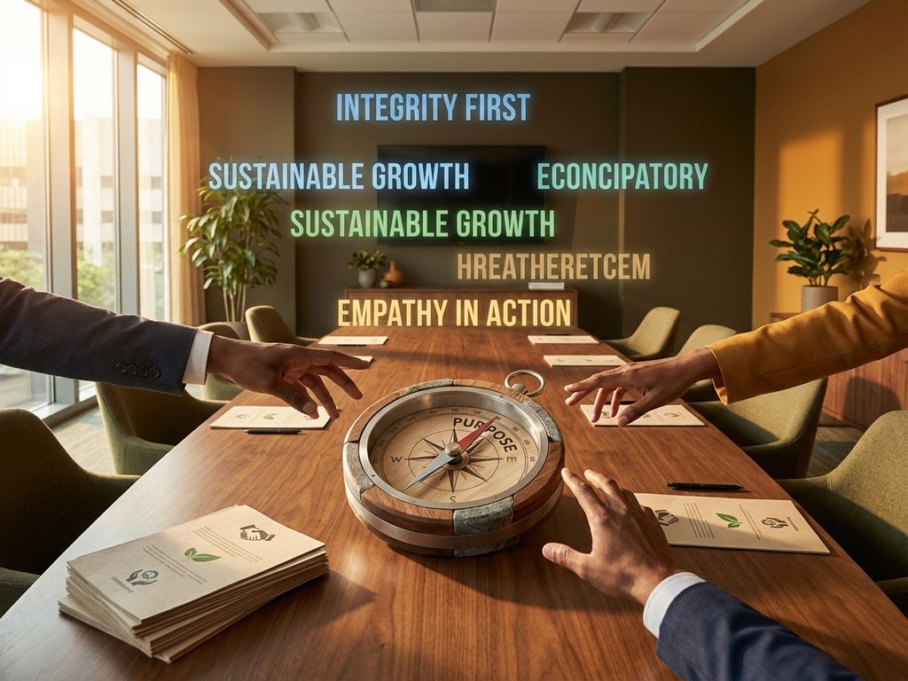 Corporate boardroom with hands reaching toward sustainable compass pointing to "Purpose" amid floating holographic value statements above wooden conference table
