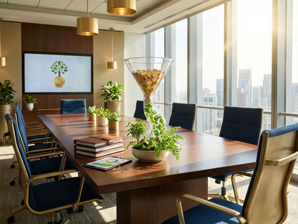 Corporate boardroom with golden coins flowing through glass funnel transforming into green plants, symbolizing sustainable investment.