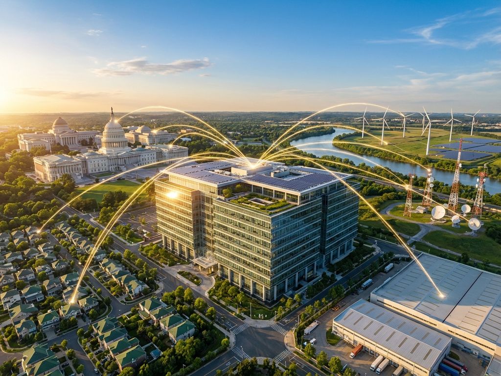 Modern corporate building connected by golden pathways to government offices, neighborhoods, wind farms, media towers, and warehouses.