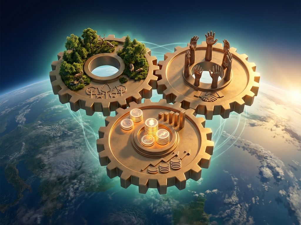 Aerial view of three golden gears above Earth showing forests, diverse hands, and coins symbolizing sustainable business.