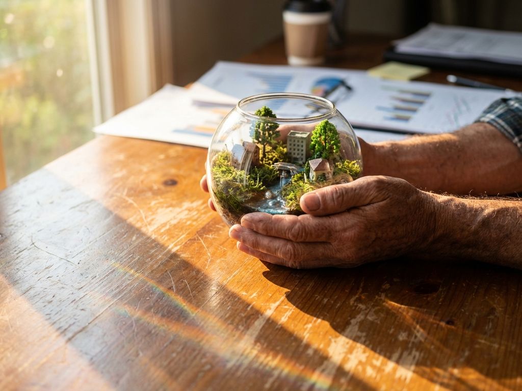 Weathered hands holding glass sphere containing miniature ecosystem with buildings and trees on wooden desk with business documents