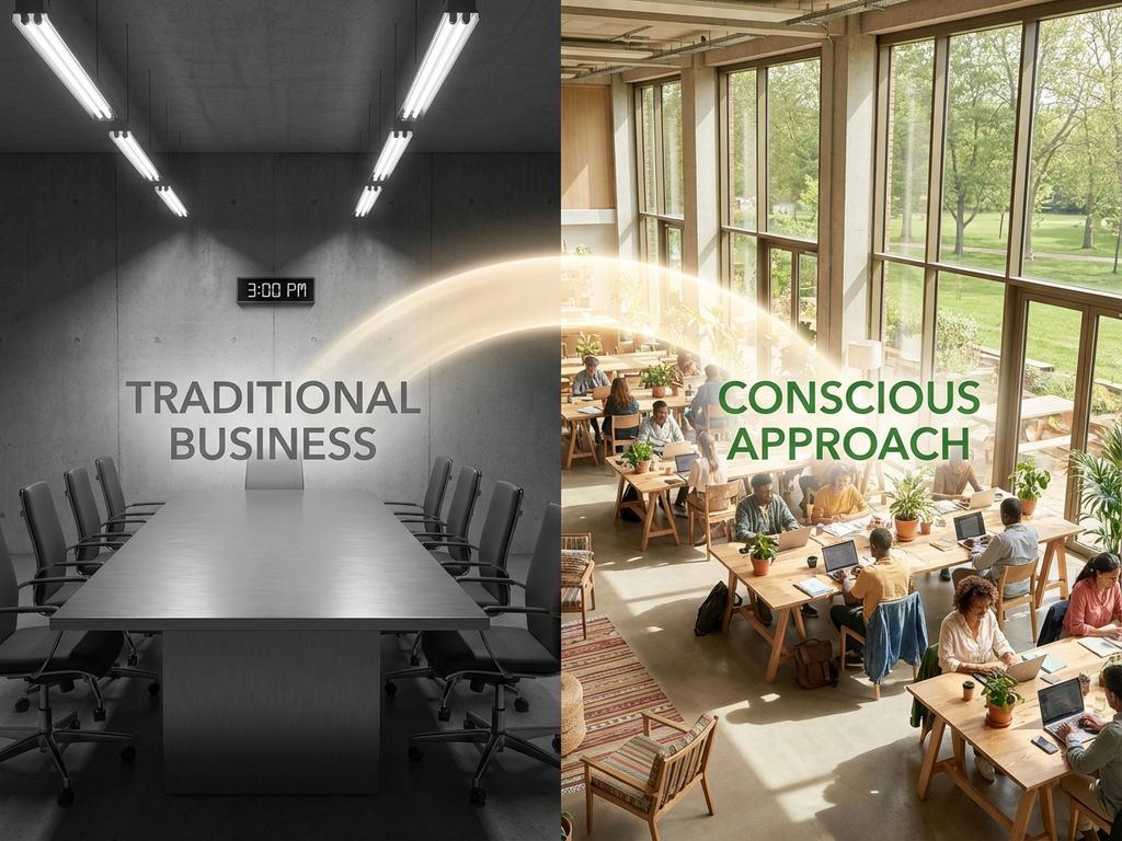 Split-screen comparison of sterile gray corporate boardroom versus vibrant sustainable workspace with natural lighting and plants
