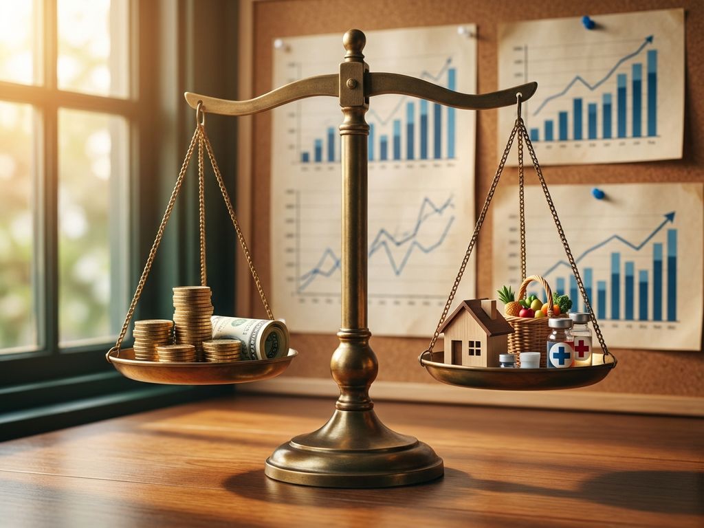 Balanced scale with money on one side and miniature house, groceries, and healthcare symbols on other, representing cost of living.