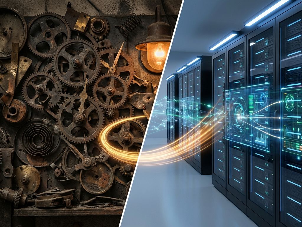 Split-screen showing transformation from tangled rusty gears to sleek digital interfaces connected by golden light bridge.