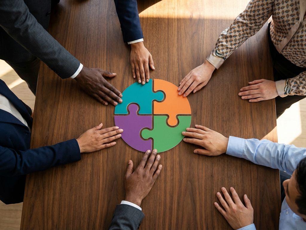 Diverse hands from different ethnicities forming circle around colorful interlocking puzzle pieces on wooden table