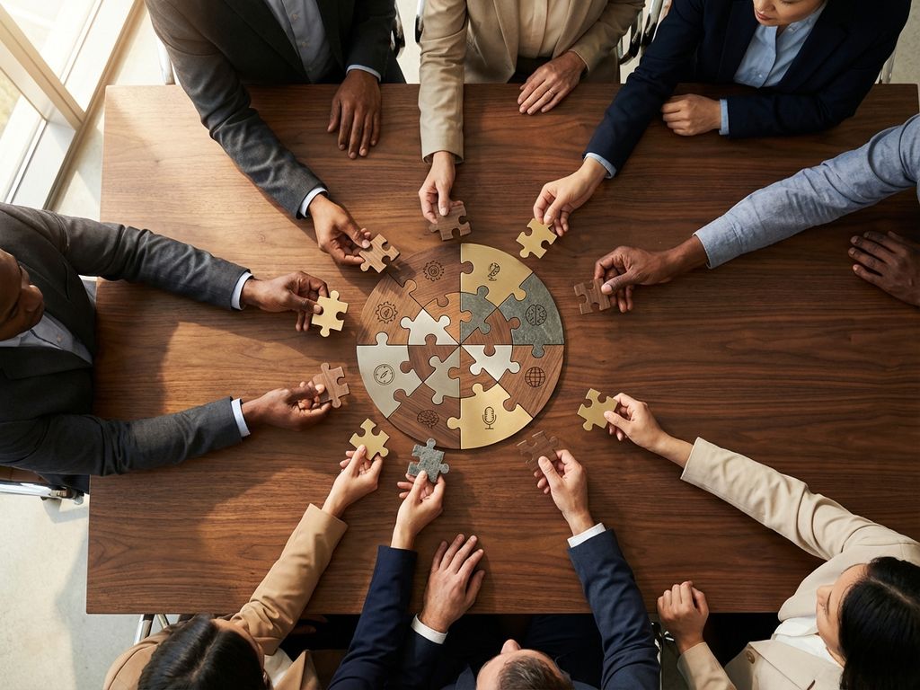Diverse hands placing puzzle pieces together on conference table, symbolizing workplace collaboration and teamwork.