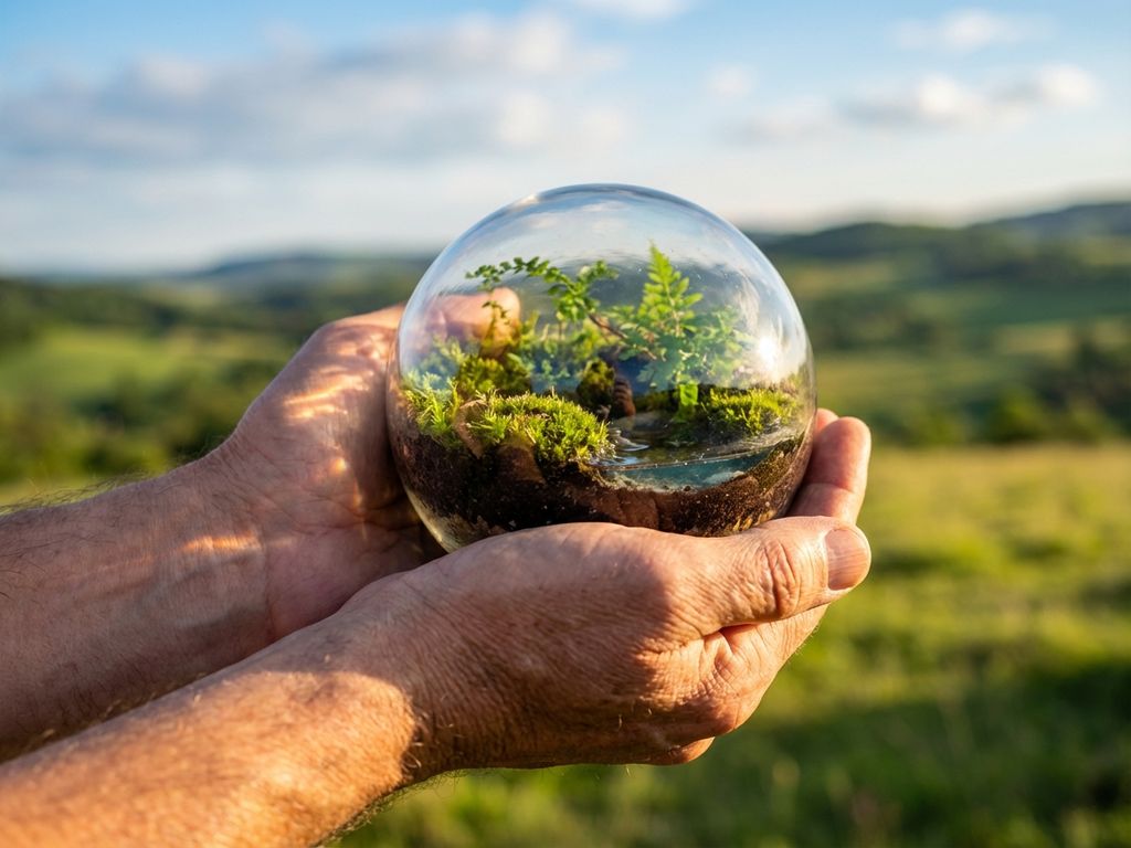 Hands holding glass sphere containing miniature ecosystem with green plants, water, and soil in natural sunlight