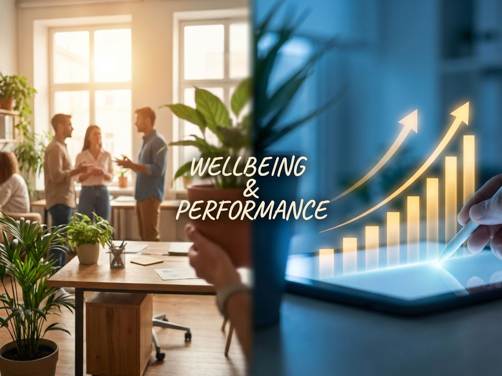 Split-screen office showing employees collaborating among green plants with ascending golden charts symbolizing growth