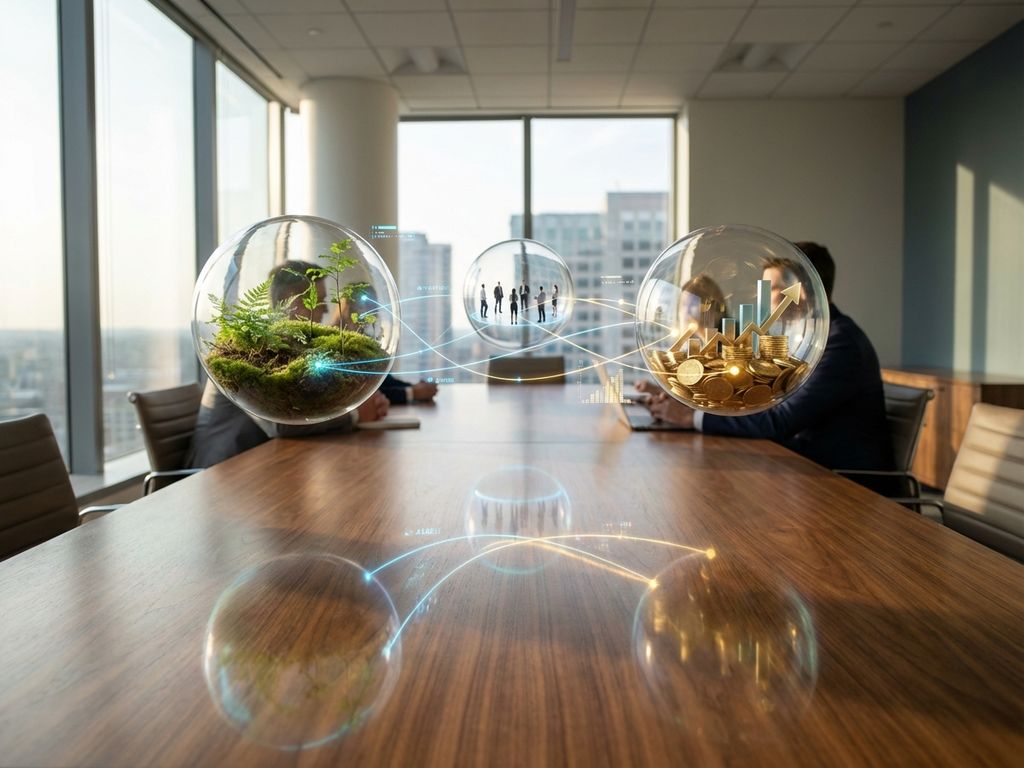 Three interconnected glass spheres above conference table showing environmental, social, and financial business metrics with data connections in modern office setting.