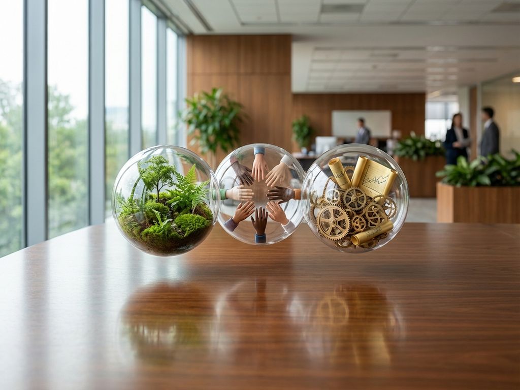Three transparent glass spheres floating above conference table containing miniature scenes of plants, joined hands, and gears.