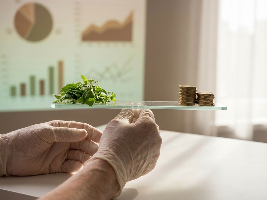 Hands holding balanced glass scale with green leaves and gold coins, representing ethical business and profit balance.